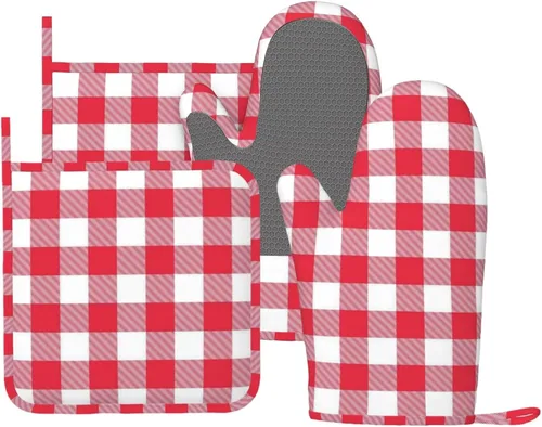 Miniatura 13 de Manoplas de horno y soportes para ollas a cuadros de búfalo negro y rojo, juego de 4 piezas, guantes de horno de silicona a cuadros negros y rojos