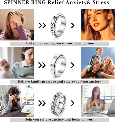 Miniatura 5 de Sanfenly 6 anillos giratorios de acero inoxidable para mujeres y hombres anillos antiansiedad anillo de luna estrella arena acabado explosivo alivio
