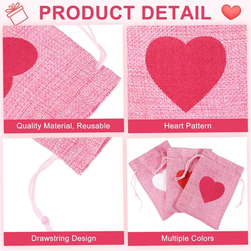 Miniatura 5 de 36 bolsas de arpillera de corazón para el día de San Valentín, 4 x 6 pulgadas, con cordón, pequeñas bolsas de joyería de lino, bolsas con cordón