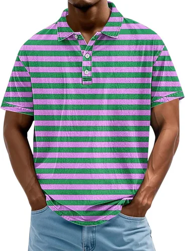 Miniatura 10 de Camisa polo de manga corta para hombre, camiseta de golf a rayas, de manga corta, para vacaciones, casual, cuello en V, camiseta de verano con Rojo