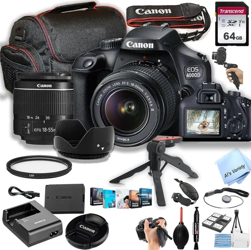 Canon Cámara DSLR EOS 4000D/Rebel T100 con lente de zoom EF-S de 0.709-2.165 in F/3.5-5.6 + memoria de 64 GB, funda, trípode Gripster y más (paquete