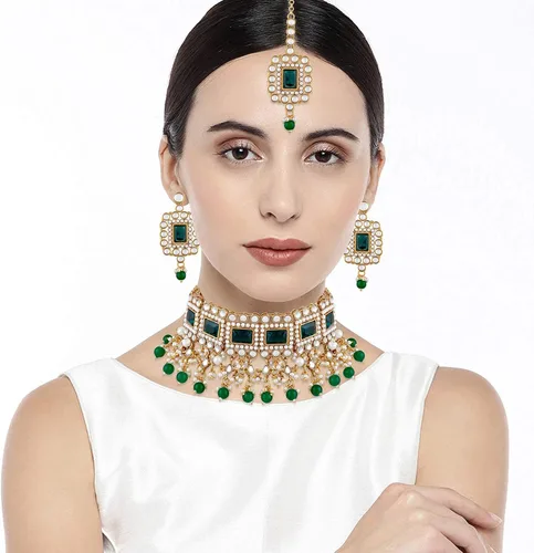 Miniatura 5 de Aheli Traditional Ethnic Kundan Pearls Bridal Choker Necklace Earring Maang Tikka Indian Bollywood Jewelry Set Gift for Women Green