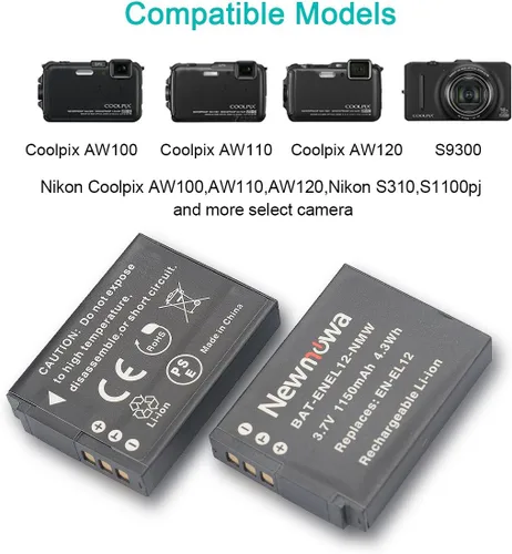 Miniatura 2 de EN-EL12 Newmowa - Batería de repuesto (paquete de 2) y cargador USB dual para Nikon EN-EL12 y Nikon Coolpix AW100 AW100s AW110 AW110s AW120 P330