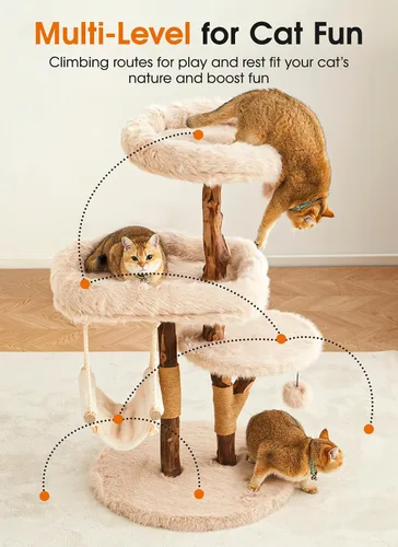 Miniatura 8 de Letkind Moderna torre de árbol para gatos grandes de interior, perches-torre de madera maciza natural para gatos con poste rascador de sisal