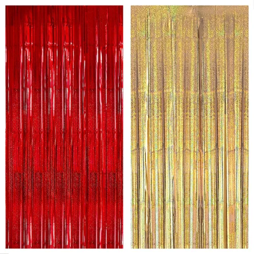 KatchOn, Cortina tipo telón de color rojo iridiscente, 6.4 x 8 pies, paquete de 2 cortinas con flecos iridiscentes color champán, grande, 6.4 x 8