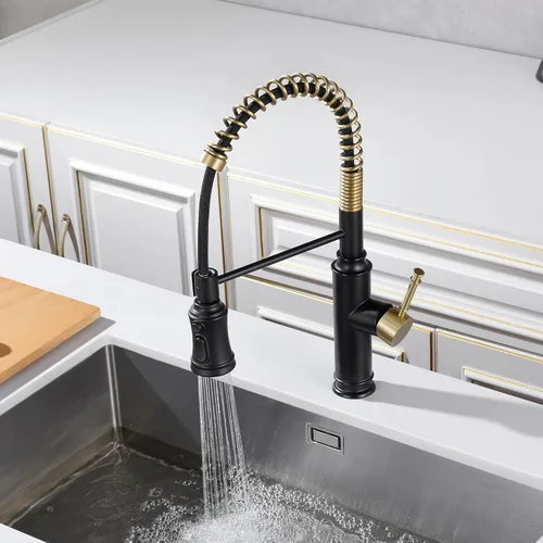 Miniatura 4 de Sumerain Grifo de fregadero de cocina con rociador de resorte extraíble con boquilla giratoria de 360° y mango de un solo nivel, negro y dorado