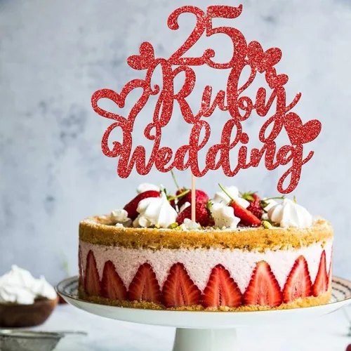 Miniatura 4 de 1 pieza de decoración de pastel de boda con 25 rubíes, rojo brillante, 25 años de rubí, decoración para pastel de feliz 25 aniversario, boda