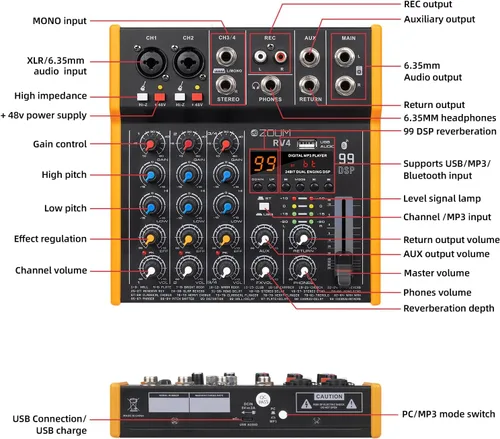 Miniatura 8 de Mezclador profesional de audio DJ de 4 canales, interfaz mezclador de sonido musical con alimentación fantasma de 48 V, Bluetooth, interfaz de audio