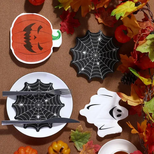 Miniatura 4 de Honoson 120 servilletas de fiesta de Halloween de 13 x 13 pulgadas, servilletas de papel de fantasma blanco de 3 capas de calabaza de Halloween