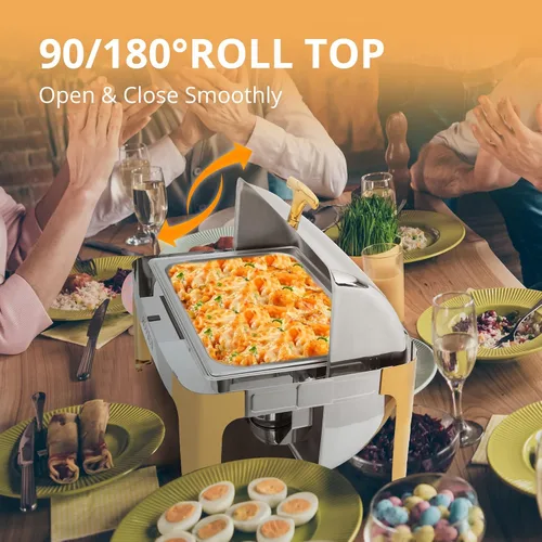 Miniatura 4 de ROVSUN Juego de platos de bufé con tapa enrollable, con detalles dorados, NSF de 9 cuartos de galón de acero inoxidable rectangular, juego