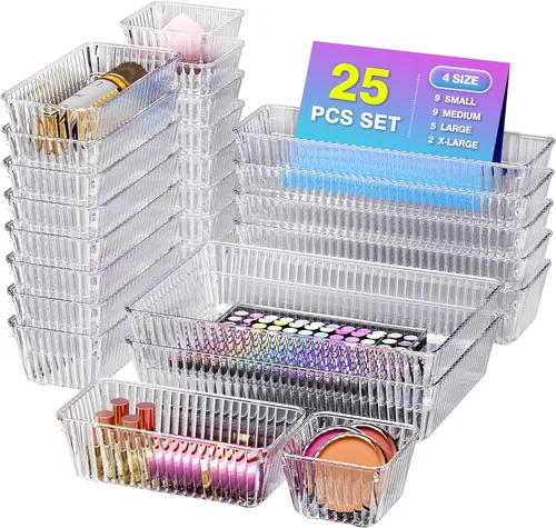 Juego de 25 organizadores de cajones de plástico transparente, 4 tamaños, organizador de maquillaje, divisor de cajones de escritorio, organizadores