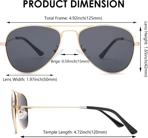 Miniatura 2 de NULOOQ Gafas de sol polarizadas de aviador para niños, niñas y adolescentes de 2 a 16 años, marco de metal, lente espejada de 1.969in y 2.047in