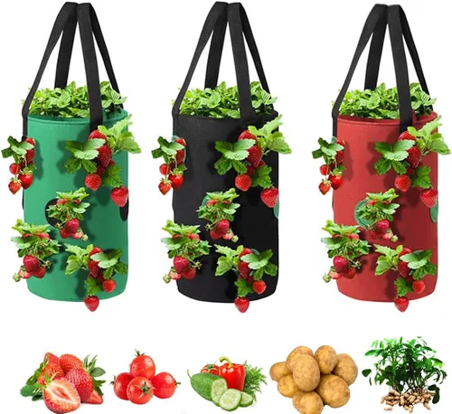 Miniatura 6 de Macetero de tomate al revés de 3 galones, maceta colgante de fresa, bolsas de cultivo de tela de aireación duradera para verduras
