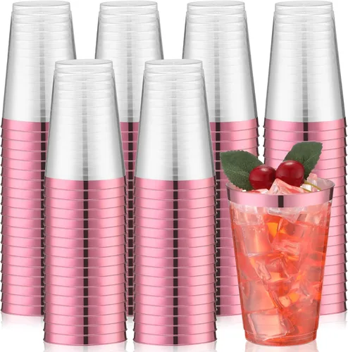 Miniatura 9 de Zubebe 100 vasos de plástico con borde de 14 onzas, vasos de vino desechables transparentes duros con borde, elegantes vasos de cóctel desechables