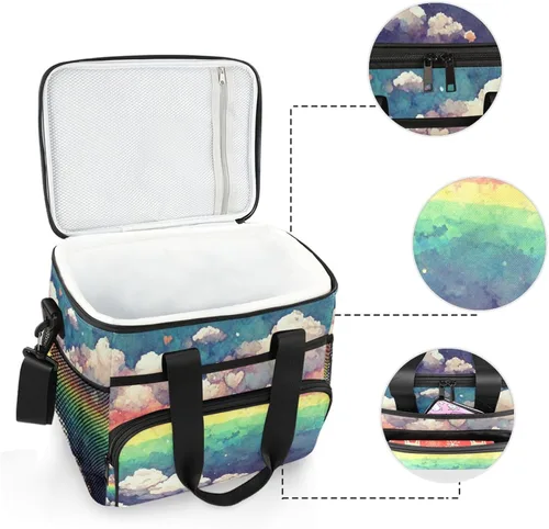 Miniatura 4 de Bolsa enfriadora con diseño de arcoíris para 24 latas, con aislamiento, a prueba de fugas, cruzada y de mano, mantiene fresco hasta 12 horas
