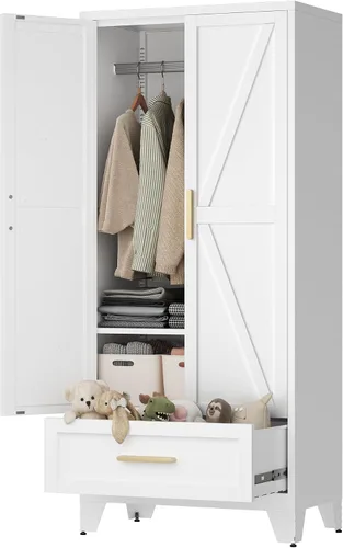 Miniatura 10 de LCAOPC Armario de metal de 71 pulgadas de alto con cajón y barra para colgar, armario de 2 puertas con estante para dormitorio, oficina, lavandería
