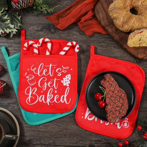 Miniatura 4 de 10 piezas agarraderas de Navidad con bolsillo, agarraderas para ollas, regalo de almohadillas térmicas resistentes al calor, guantes de horno, bolsa