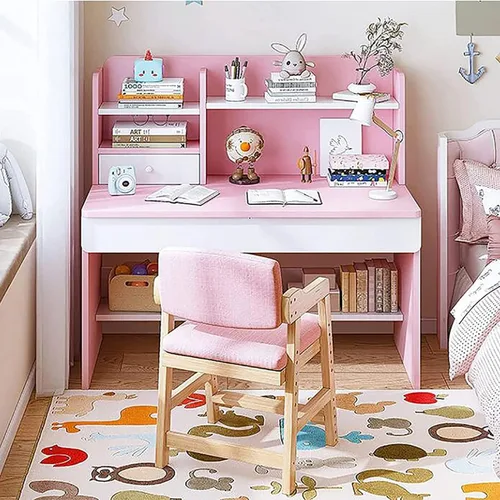 Miniatura 2 de QQXX Adorable juego de escritorio y silla de estudio, mesa de estudio escolar de madera con cajones y silla, escritorio de estudio para estudiantes