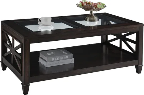 Miniatura 10 de Mesa de centro de madera maciza con tapa de vidrio templado, mesa rectangular para sala de estar con estante de almacenamiento de 2 neumáticos, mesa