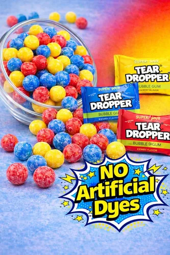 Miniatura 6 de Tear Droppers - Bolas de chicle ácidas, 250 unidades, sin tintes artificiales, envueltas individualmente, cereza, limón y frambuesa azul, caramelos