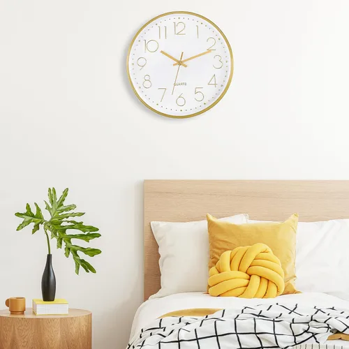 Miniatura 5 de Reloj de pared Foxtop dorado de 12 pulgadas, silencioso, sin tictac, funciona con pilas, redondo, de cuarzo, moderno, para oficina, sala de estar