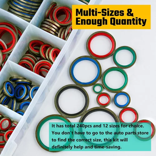 Miniatura 3 de KOOTANS 240 piezas de 12 tamaños NBR Metal Bonded Sealing Washer Assort Kit Hidrálico Resistente al Aceite de Goma Junta de Sello de Tubo de Aceite