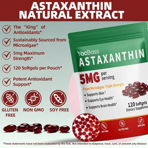 Miniatura 5 de Suplementos de astaxantina de 5 mg - Astaxantina Premium 120 cápsulas blandas para ojos, cerebro, piel y apoyo inmunológico, fuente de microalgas