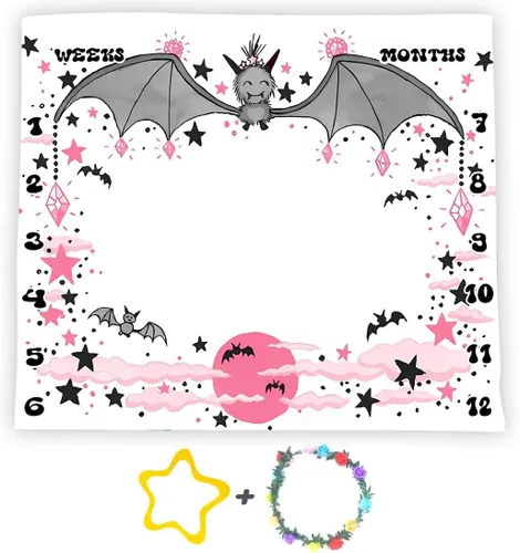 Manta de hitos de murciélago para niño o niña, acuarela rosa luna nube fondo de fotografía de Halloween, tabla de crecimiento de edad mensual con