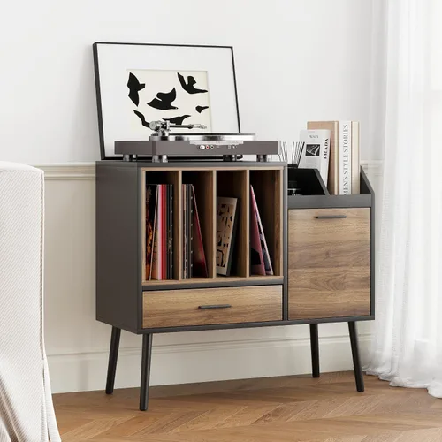Miniatura 8 de Semiocthome Soporte para tocadiscos con caja de almacenamiento de vinilo anidable, mesa de tocadiscos con cajón, un gabinete, área de almacenamiento