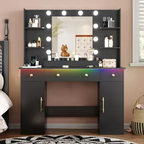 Miniatura 10 de Xixini - Escritorio de tocador con espejo y luces, juego de mesa de maquillaje de 109 cm de ancho en color blanco con 5 cajones y silla, toma