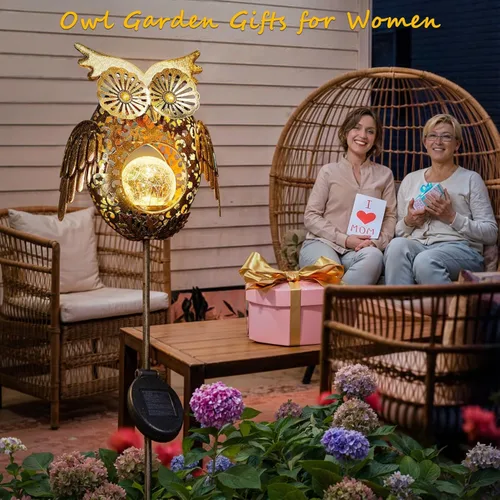 Miniatura 2 de Go2garden - Luces solares para exteriores, estacas metálicas decorativas con diseño de búho, pez, tortuga, luces de cristal craquelado para césped