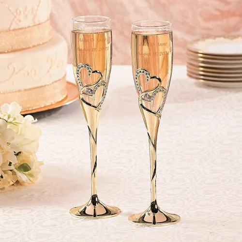 Miniatura 3 de Fun Express Flautas de boda personalizadas prémium con corazón apilado dorado - Decoración para el hogar