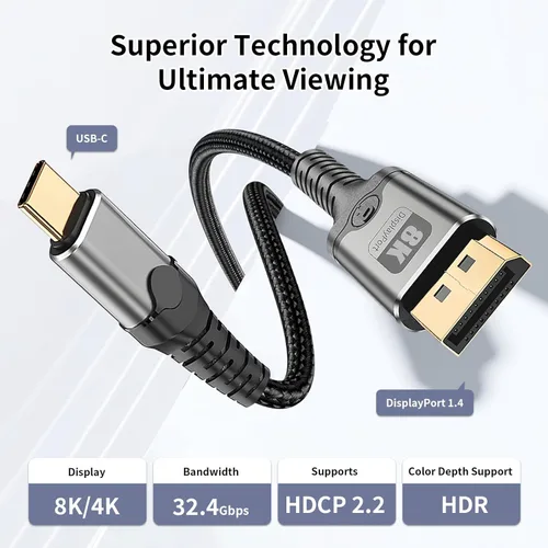 Miniatura 2 de Cable USB C a DisplayPort de 10 pies, 8K a 60 Hz 4K a 240 Hz unidireccional Thunderbolt 3/4/5 a DisplayPort cable USB C a DP compatible con MacBook