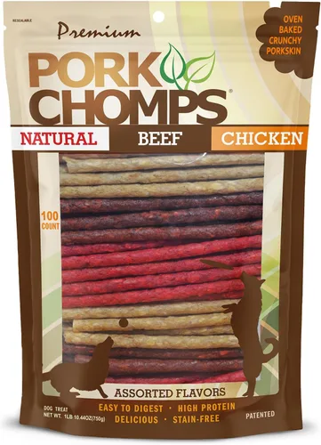 Miniatura 8 de Pork Chomps Masticables para perros, 5 pulgadas, 50 unidades, sabores variados: cerdo asado, pollo y tocino, golosinas de larga duración
