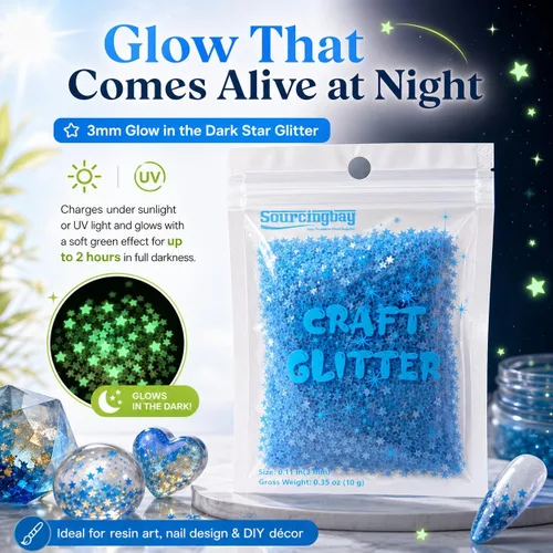 Miniatura 4 de Sourcingbay Stars Glitter 3mm Glow in The Dark Blue Star Glitter PVC Luminous Resin Craft Glitter for Nail Art Makeup Party Decoration UV Reactive