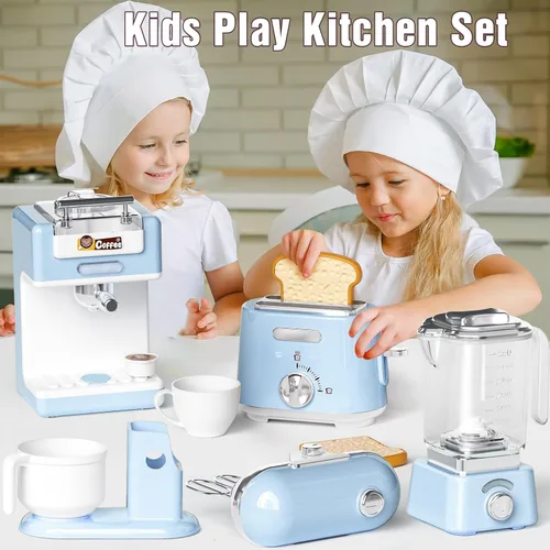 Miniatura 6 de Juego de juguetes de cocina para niños, 7 piezas sin BPA, aparatos de juego de simulación con sonido ligero, cafetera, batidora, batidora, tostadora