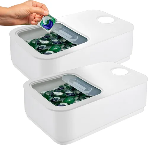 Miniatura 8 de Skywin Recipiente grande para cápsulas de lavandería con tapa deslizante, paquete de 2 soportes para cápsulas de lavandería de 15 x 8.7 x 4.5 Gris