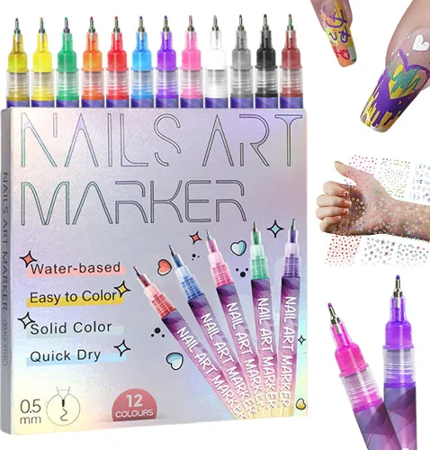 Juego de bolígrafos de arte de uñas de 12 colores, marcadores de arte de uñas mejorados 2026, de secado rápido, herramientas acrílicas de arte de