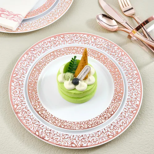 Miniatura 3 de Juego de vajilla de oro rosa de 150 unidades, elegante desechable incluye: 25 platos de plástico de encaje dorado, 25 platos de postre, 25