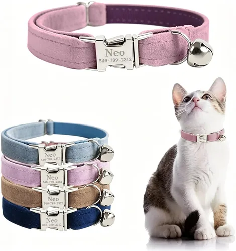 Miniatura 22 de Collar de gato personalizado con placa de nombre, collares ajustables de nailon resistente para identificación de gato con campana, personaliza