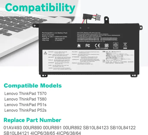 Miniatura 2 de TREE.NB 01AV493 - Batería de repuesto para laptop ThinkPad T570 T580 P51S P52S Series 00UR890 00UR892 SB10L84121 SB10L84122 SB10L84123 T570 00UR891