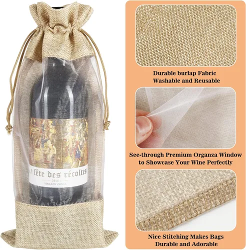Miniatura 2 de HRX Package 10 piezas de bolsas de vino de arpillera con ventana transparente, bolsas de regalo de botella de tela de arpillera con cordón