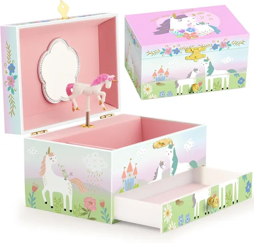 Miniatura 39 de RR ROUND RICH DESIGN - Joyero musical para niñas con cajón y juego de joyas con tema de bailarina, melodía de “El lago de los cisnes”, color rosado