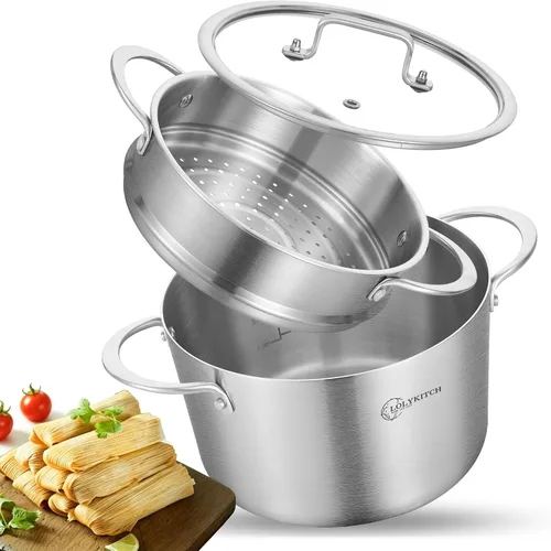 Miniatura 9 de LOLYKITCH Olla de Stock de Acero Inoxidable de Tres Capas de 3 QT con Tapa y Vaporera, Olla de Cocina por Inducción, Utensilios de Cocina al Vapor