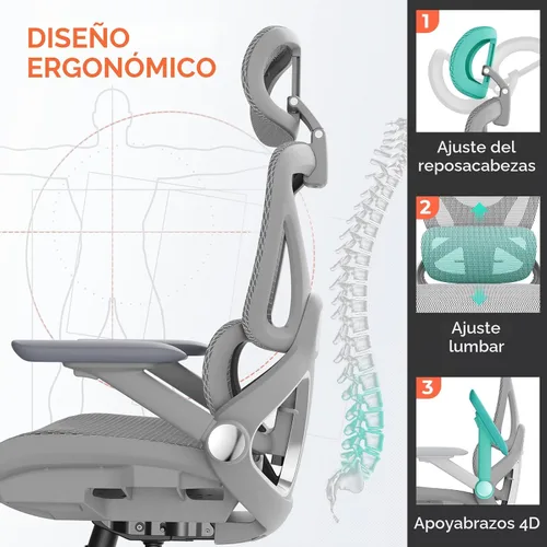 Miniatura 8 de CAPOT Silla de Oficina Ergonómica de Malla, Silla de Escritorio de Respaldo Alto con Soporte Lumbar Ajustable 400lbs, Brazos Abatibles 4D, 3 Gris