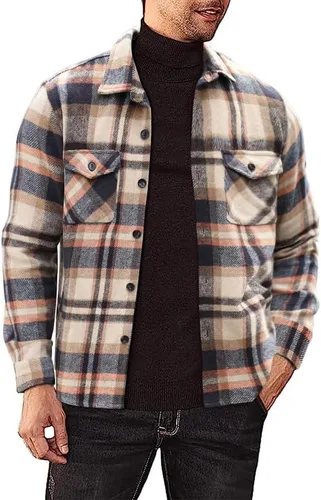 JMIERR Camisas de franela para hombre, estilo casual, con botones, manga larga, a cuadros, chaquetas ligeras con bolsillos