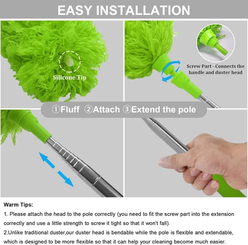 Miniatura 2 de DELUX Plumero de Plumas de Microfibra Extensible con Poste Extra Largo de 100 Pulgadas, Cabeza Flexible y Plumeros de Mango Largo para Limpiar Verde