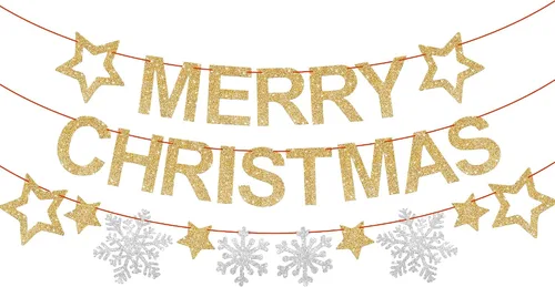 KatchOn, Pancarta de Feliz Navidad con Purpurina para Interiores - Grande de 10 Pies, 3 Cuerdas | Guirnalda de Copos de Nieve | Decoraciones de