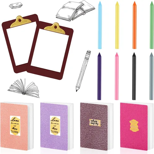 Sumind 4 Piezas Libros en Miniatura con 8 Lápices y 2 Portapapeles Accesorios de Decoración de Mini Casa Juego de Casa para Colorear para Habitación