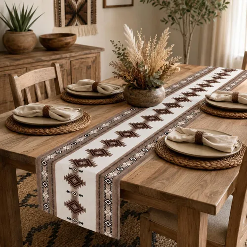 Miniatura 109 de Camino de mesa étnico del suroeste, navajo tribal nativo americano, bohemio, patrón geométrico azteca, camino de mesa para cocina, mesa de comedor